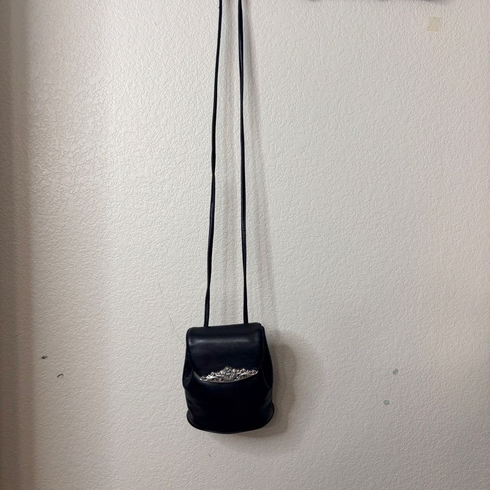One World by Brighton Black Leather Drawstring Bag Crossbody with Silver Accent - Picture 2 of 9